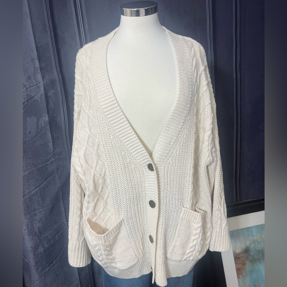 POL Ivory Cable Knit Button up Bell Sleeve Knit Sweater